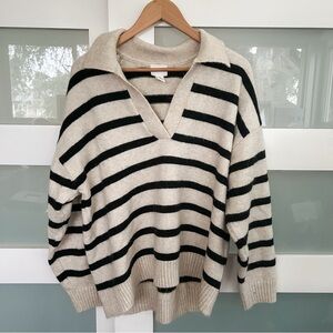 Beige and Black Striped Collared V-Neck Women's Sweater